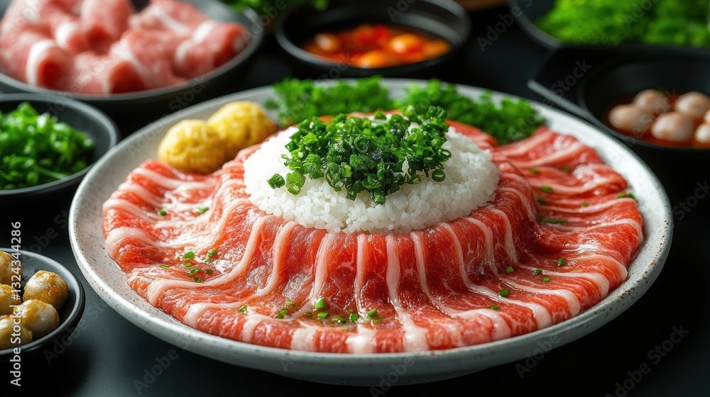 Deliciously arranged sashimi platter featuring marbled beef, rice, and fresh herbs in a vibrant dining setting Deliciously arranged sashimi platter featuring marbled beef, rice, and fresh herbs in a vibrant dining setting