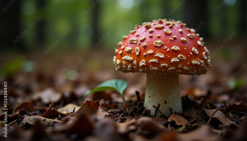 Vibrant red mushroom standing on forest floor, nature's beauty Vibrant red mushroom standing on forest floor, nature's beauty