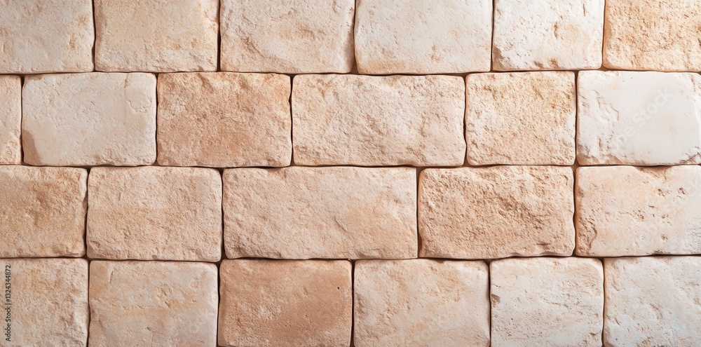 Fototapeta premium A textured wall made of rectangular stone blocks in varying shades of beige and cream, creating a rustic and natural appearance.