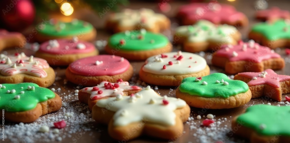 Brightly colored cookies scattered on a festive Christmas table, christmas, holiday, sweets Brightly colored cookies scattered on a festive Christmas table, christmas, holiday, sweets