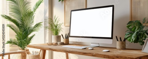 Modern workspace featuring a plant, desk, and blank screen computer for creativity.
