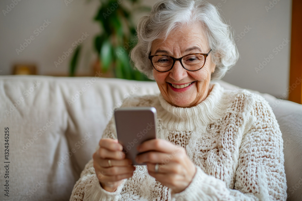Happy middle-aged elderly woman uses smartphone while sitting on the sofa in her home Happy middle-aged elderly woman uses smartphone while sitting on the sofa in her home