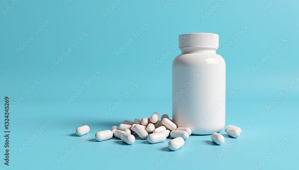 Zinc supplement bottle with white capsules on blue background, wellness concept Zinc supplement bottle with white capsules on blue background, wellness concept