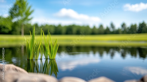 Flood Retention Ponds Concept, Serenity of Nature with Lush Grass Reflection in Tranquil Rainwater Pond in a Vibrant Business Park