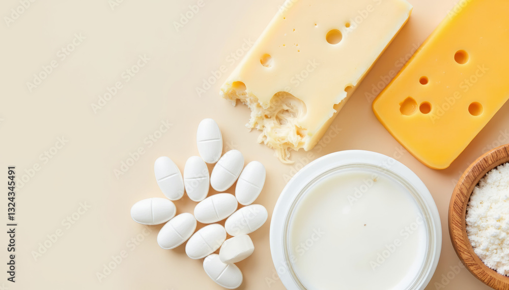 Calcium pills next to dairy products on soft background, health balance Calcium pills next to dairy products on soft background, health balance