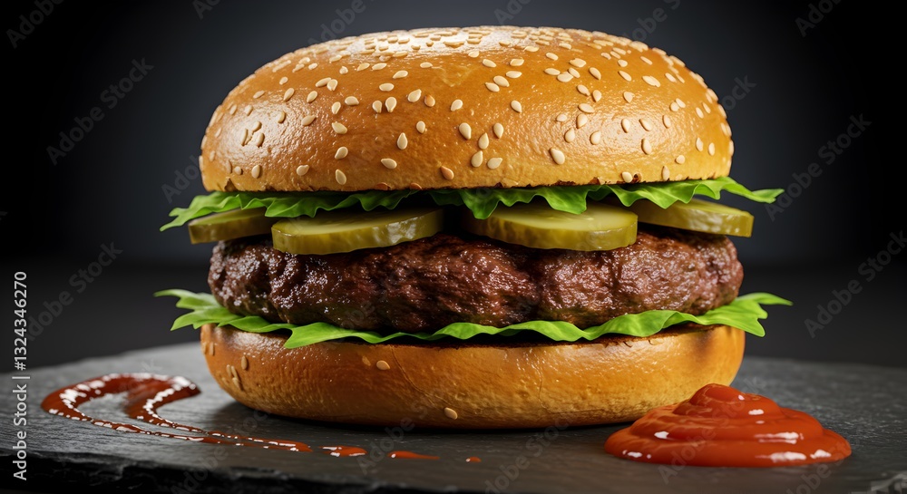 Delicious and Appetizing Hamburger with Fresh Ingredients on Dark Backdrop Delicious and Appetizing Hamburger with Fresh Ingredients on Dark Backdrop