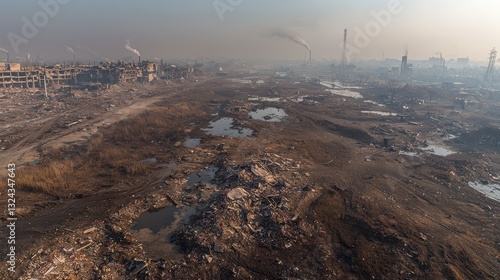 Devastated Urban Landscape with Industrial Pollution and Waste in a Post-Apocalyptic Environment