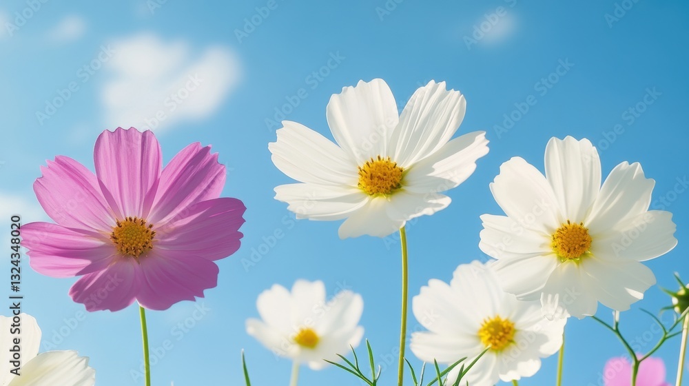 Colorful cosmos flowers bloom under a bright blue sky during a sunny afternoon in a vibrant garden setting Colorful cosmos flowers bloom under a bright blue sky during a sunny afternoon in a vibrant garden setting