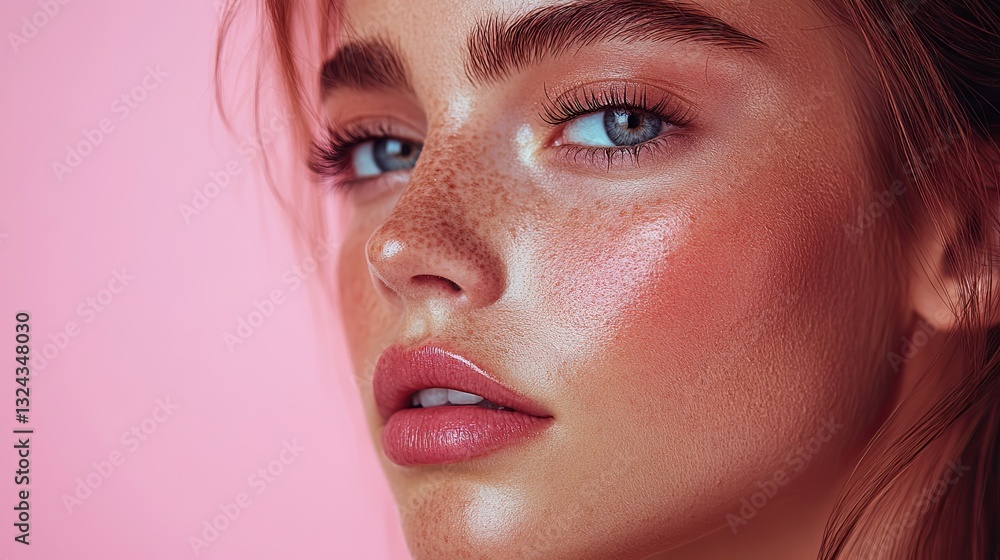 Woman's face close-up profile, flawless skin, full lips reflect beauty treatments, aesthetic wellness commitment. Woman's face close-up profile, flawless skin, full lips reflect beauty treatments, aesthetic wellness commitment.