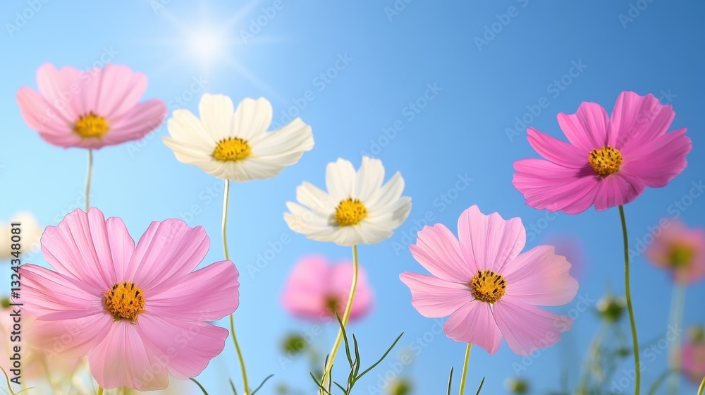 Colorful cosmos flowers bloom under a bright blue sky during a sunny afternoon in springtime, showcasing their delicate petals and vibrant colors Colorful cosmos flowers bloom under a bright blue sky during a sunny afternoon in springtime, showcasing their delicate petals and vibrant colors