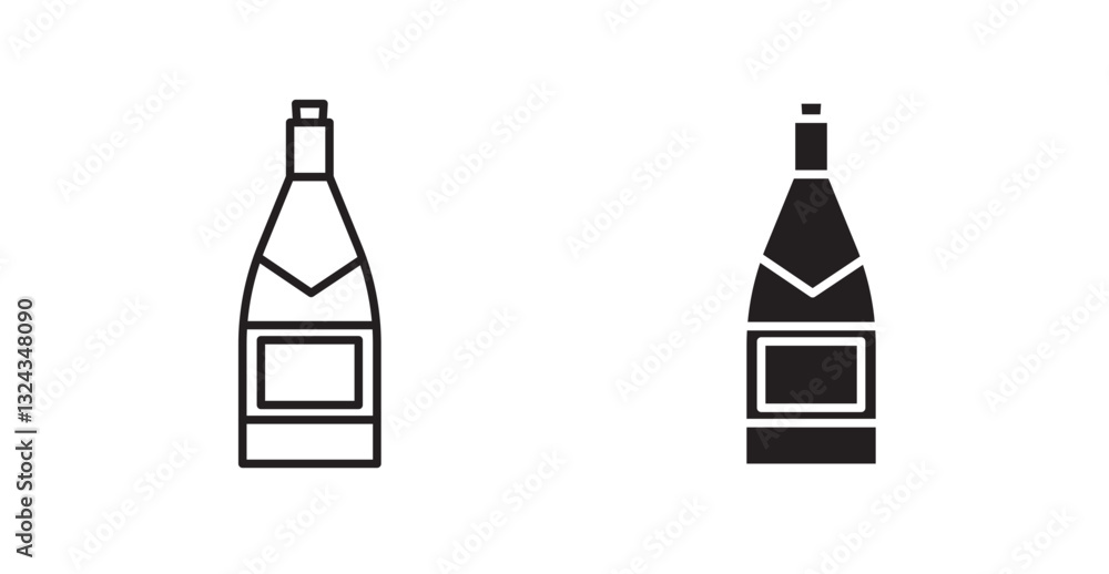 Champagne bottle thin line and fill vector icons set Champagne bottle thin line and fill vector icons set
