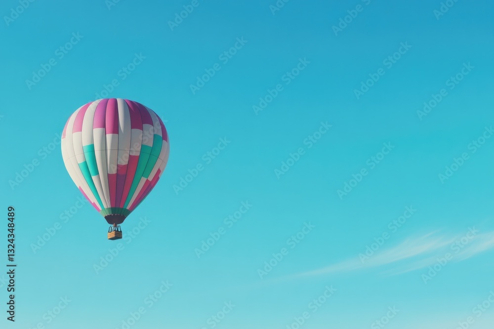 Fototapeta premium colorful hot air balloon floats serenely against clear blue sky with expansive copy space above capturing tranquility