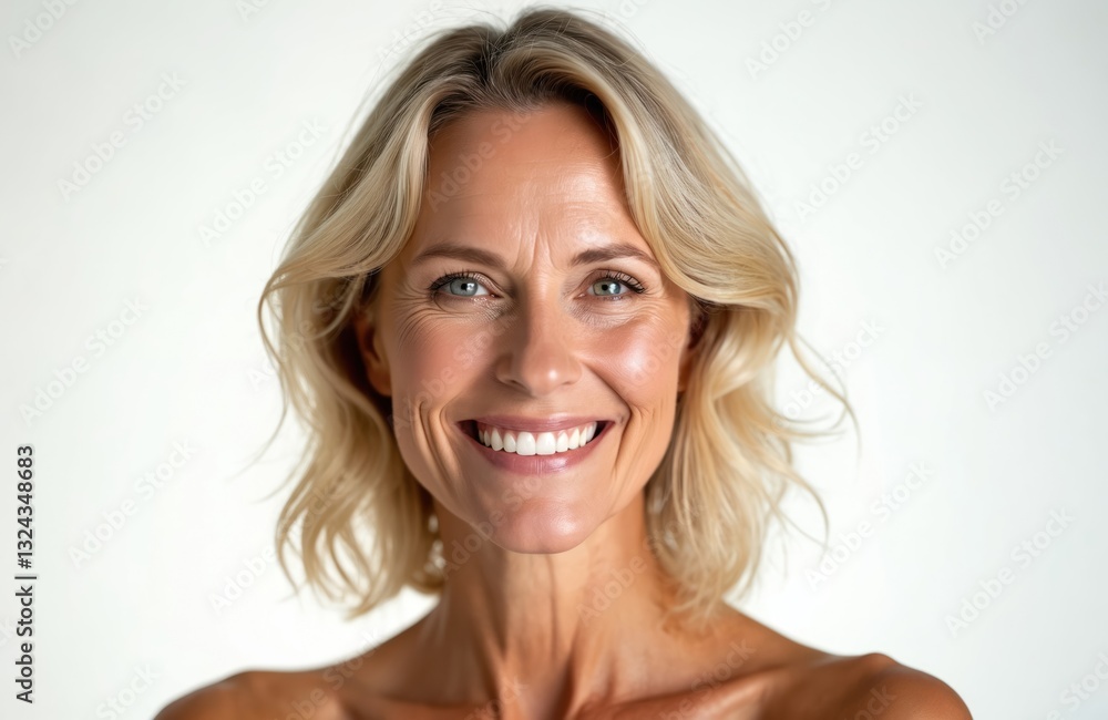 Fototapeta premium Smiling middle aged blonde woman advertises antiage face skin care treatment and cosmetics. Attractive 50s lady looks at camera isolated on white backdrop in beauty portrait.