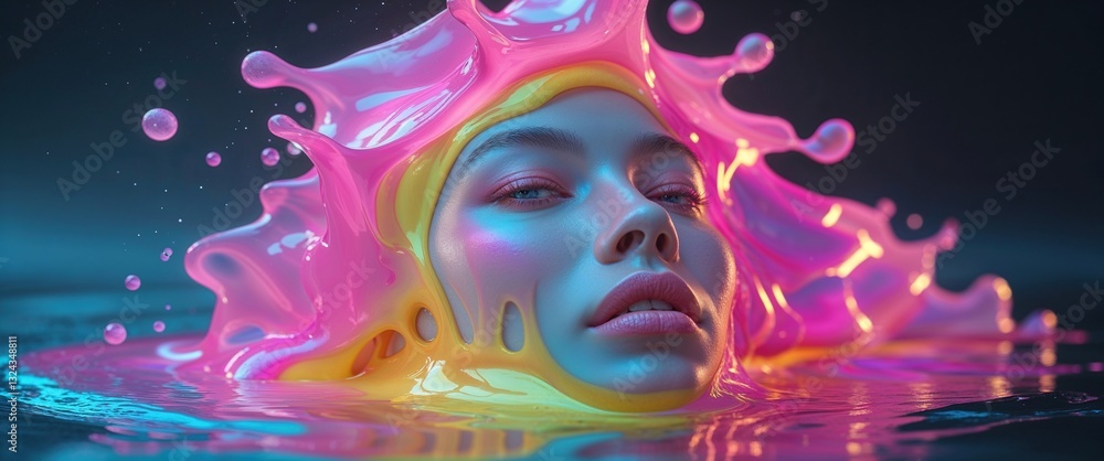 A mystical figure emerges with colorful splashes of pink and yellow surrounding her, creating an enchanting atmosphere in a dreamlike liquid world. The scene captivates with vibrant hues A mystical figure emerges with colorful splashes of pink and yellow surrounding her, creating an enchanting atmosphere in a dreamlike liquid world. The scene captivates with vibrant hues