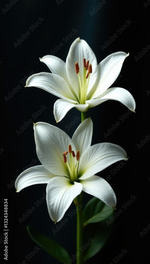 Fototapeta premium Delicate white lily flowers blooming on a dark velvet background, sophisticated, black velvet