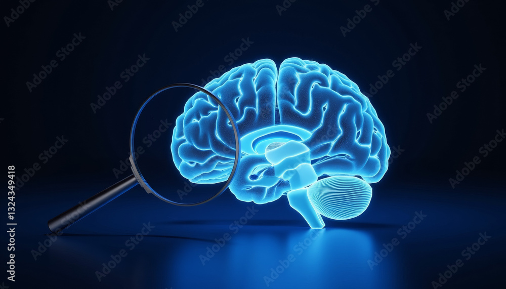 Obraz premium Futuristic 3D brain model viewed through magnifying glass, digital exploration