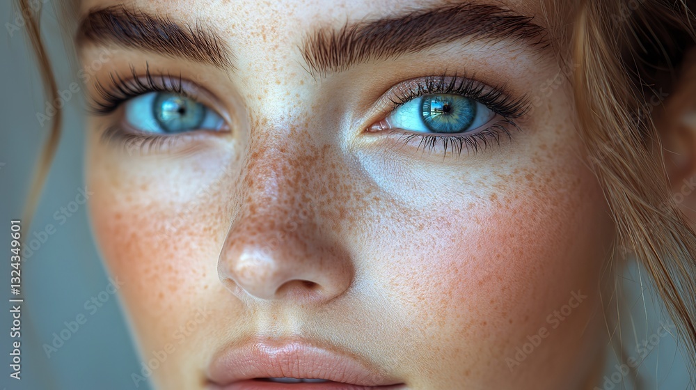 Fototapeta premium Woman's nose and eye profile smooth skin, delicate features suggest rhinoplasty for beauty & breathing improvement.