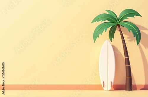 Surfboard and palm tree. Copy space.