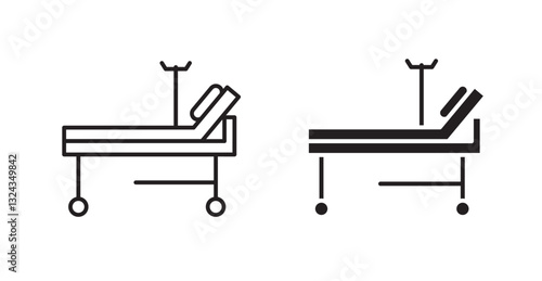 Hospital bed thin line and fill vector icons set