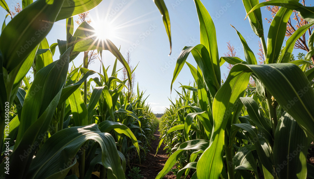 Sunlit Cornfield Rows – Vibrant Green Leaves and Golden Light for Sustainable Farming and Rural Landscape Themes Sunlit Cornfield Rows – Vibrant Green Leaves and Golden Light for Sustainable Farming and Rural Landscape Themes