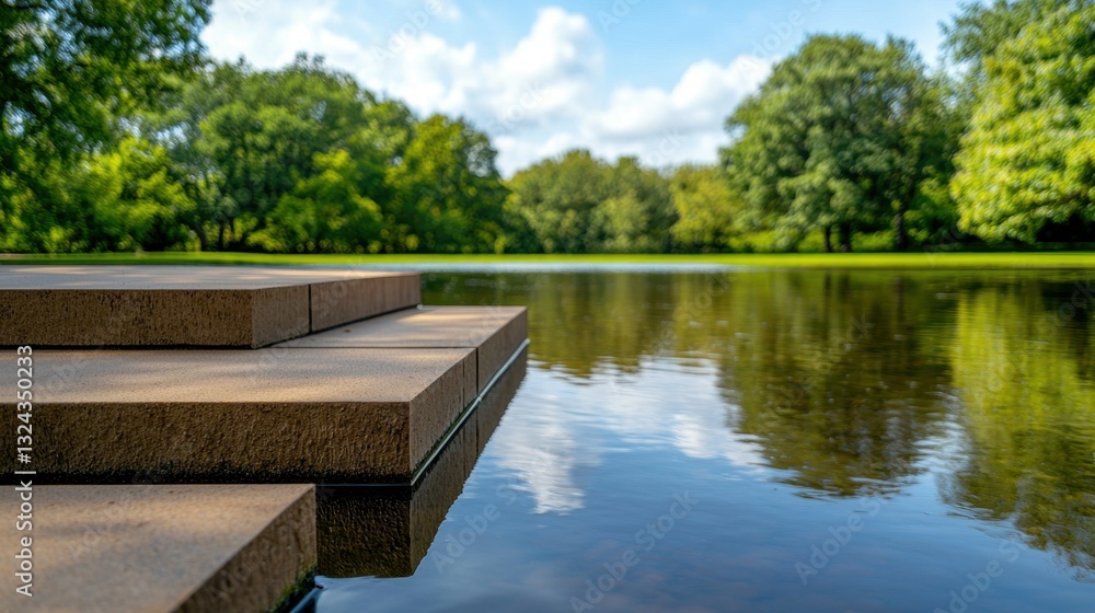 Fototapeta premium Flood Retention Ponds Concept, Tranquil Pond with Tiered Design for Effective Water Retention Management in a Scenic Outdoor Setting