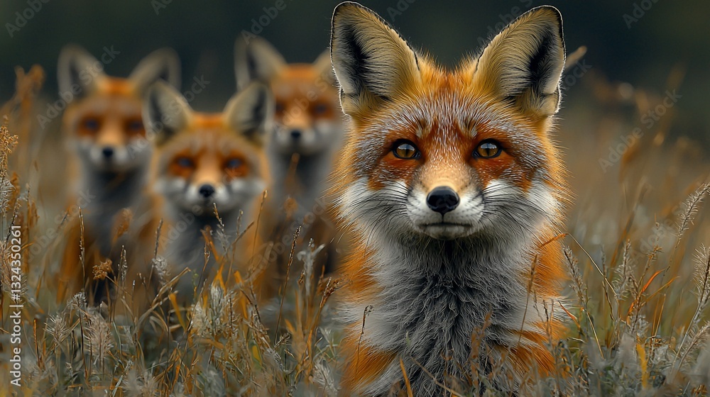 Fototapeta premium A group of four red foxes standing in tall grass, showcasing their vibrant fur and alert expressions