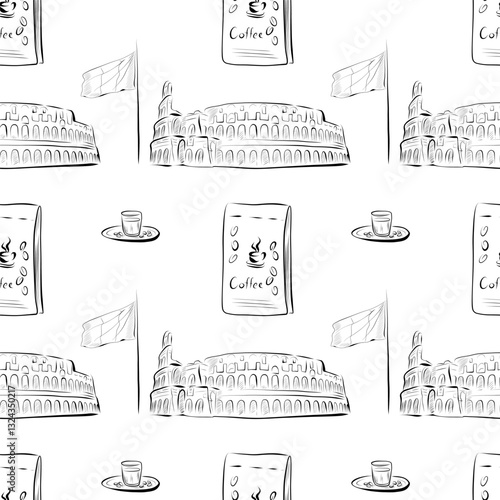 vector seamless pattern line art elements - coffee, flag of Italy, Colosseum