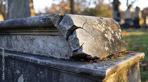 Broken Tombstone with Cracked Stone Surface