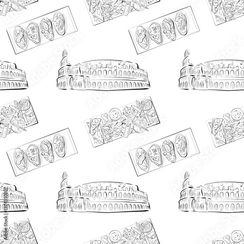 vector seamless pattern line art elements - food, cheese platter, bruschetta, coliseum