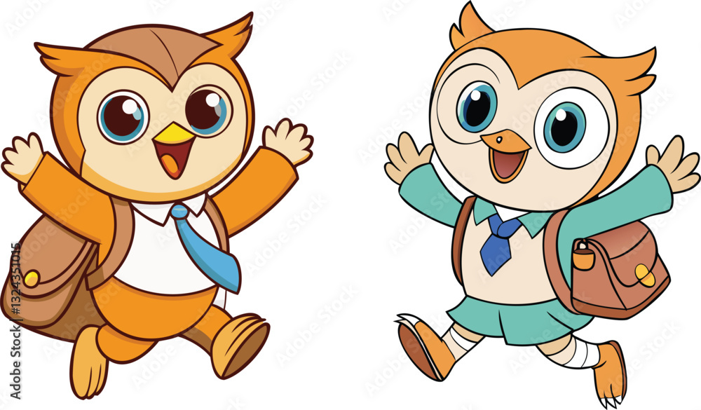 Fototapeta premium owl with school bag jump happy face 