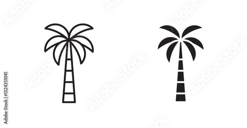 Palm tree thin line and fill vector icons set