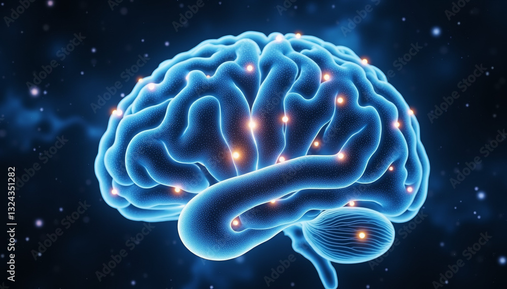 Fototapeta premium Detailed neural pathways glowing in brain under deep space backdrop, cognition