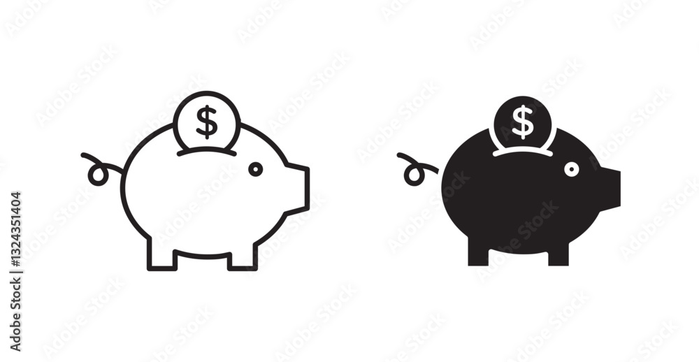 Piggy bank thin line and fill vector icons set Piggy bank thin line and fill vector icons set