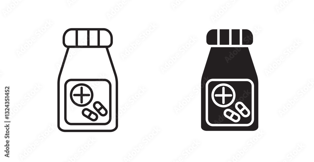 Pill bottle thin line and fill vector icons set Pill bottle thin line and fill vector icons set