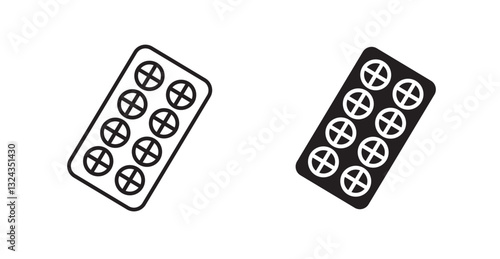 Pill blister pack thin line and fill vector icons set