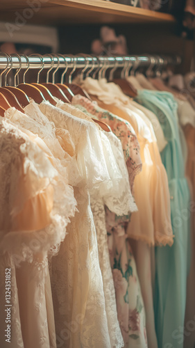 A beautiful collection of vintage dresses in pastel shades, featuring delicate lace and floral embroidery. The soft fabrics and elegant details create a romantic and timeless aesthetic. 