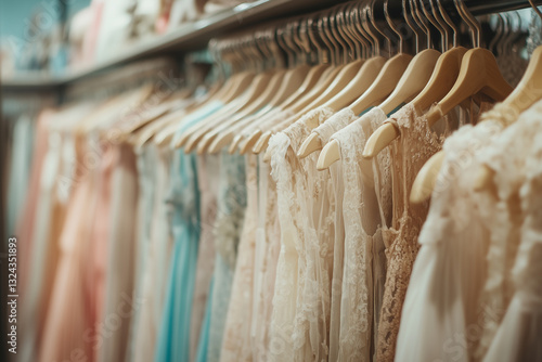 A beautiful collection of vintage dresses in pastel shades, featuring delicate lace and floral embroidery. The soft fabrics and elegant details create a romantic and timeless aesthetic. 