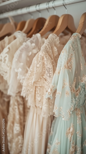 A beautiful collection of vintage dresses in pastel shades, featuring delicate lace and floral embroidery. The soft fabrics and elegant details create a romantic and timeless aesthetic. 