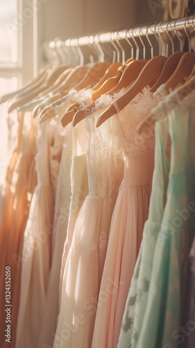 A beautiful collection of vintage dresses in pastel shades, featuring delicate lace and floral embroidery. The soft fabrics and elegant details create a romantic and timeless aesthetic. 