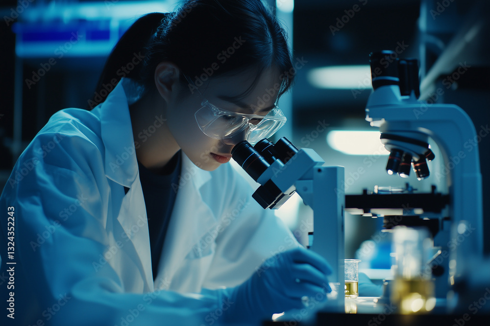 A scientist wearing a white lab coat, safety glasses, and gloves is examining a sample through a microscope in a high-tech laboratory. the atmosphere of precision, research, and discovery. A scientist wearing a white lab coat, safety glasses, and gloves is examining a sample through a microscope in a high-tech laboratory. the atmosphere of precision, research, and discovery.