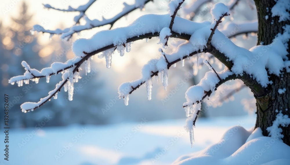 Frozen tree branches with snow accumulation in winter, branches, winter, winter scene Frozen tree branches with snow accumulation in winter, branches, winter, winter scene