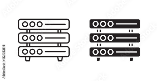Server rack thin line and fill vector icons set