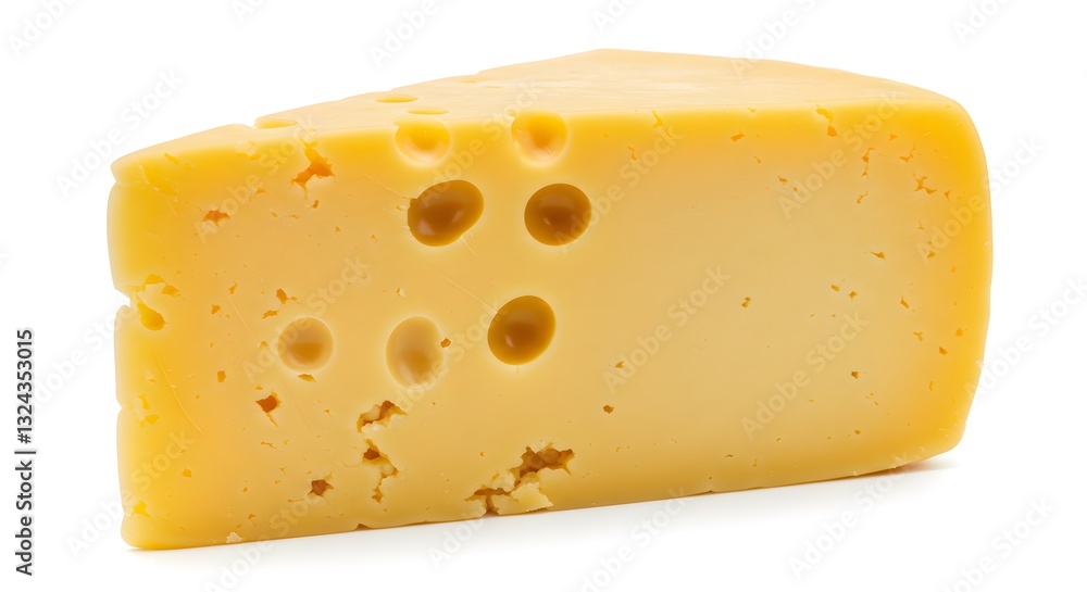 Close-Up of Swiss Cheese Slice with Holes on White Background Close-Up of Swiss Cheese Slice with Holes on White Background