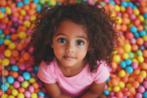 A beautiful  child with curly dark hair and large, expressive eyes sits on a bed of colorful, candy-like decorations.  The mood of a happy childhood, full of sweets and fun