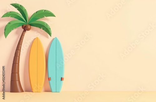 Surfboards on wall with palm tree. Copy space.