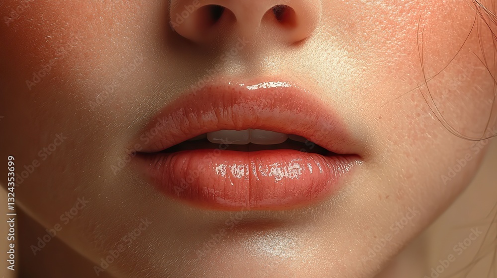 Naklejka premium Young woman's perfect natural plump lips close-up post-filler injections show cosmetology, lip augmentation, or dentistry results.