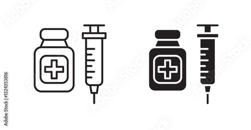 Vaccine vial thin line and fill vector icons set