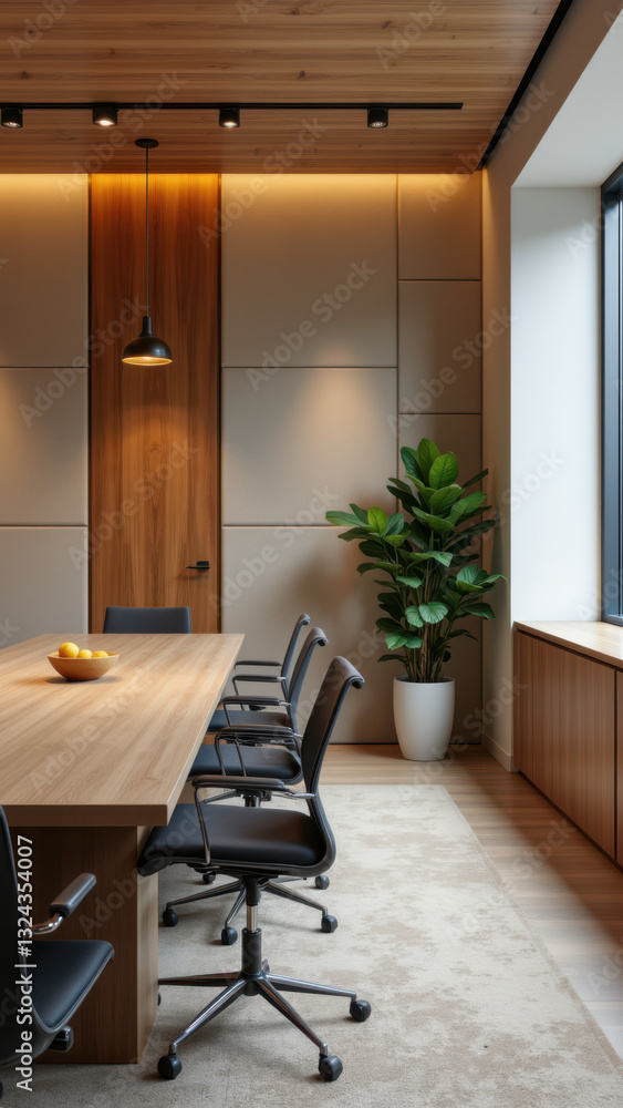Fototapeta premium Modern office space featuring a long table with chairs and a potted plant against an acoustic panel wall.