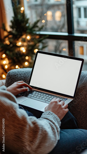 Laptop usage by a window, a decorated tree with string lights are in the background