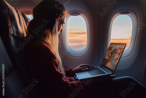A stylish young woman works on her laptop while traveling in a luxurious airplane cabin.  Suitable for topics about freelancing, online work, rich life, travel.